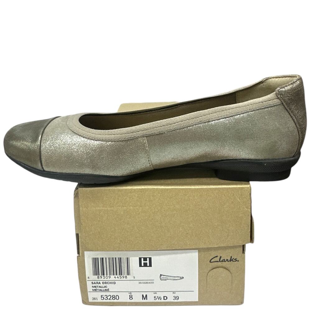 Clarks Sara Orchid Metallic Silver Pewter Ballet Flats Women's size 8